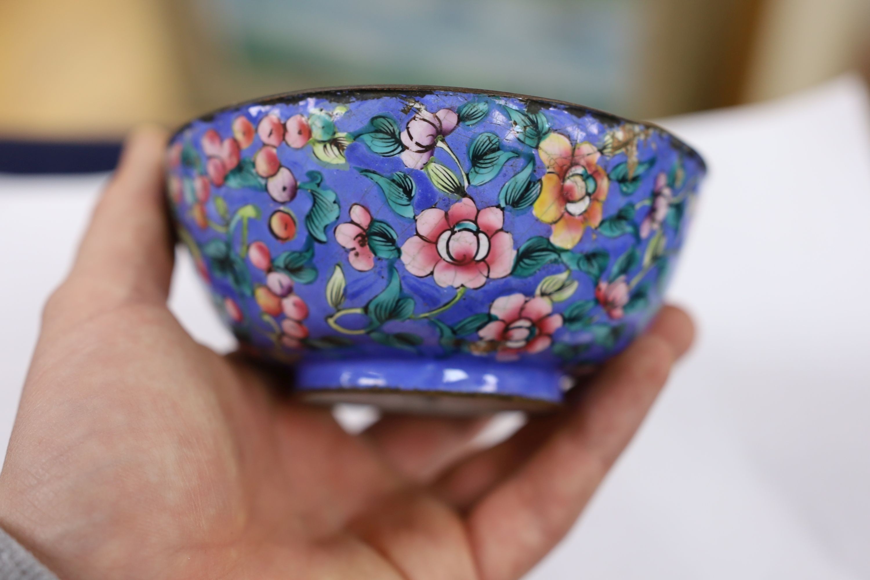 A Chinese bowenite jade figure of a lady, a Canton enamel bowl and a Jun type bud vase, tallest 20 cm high